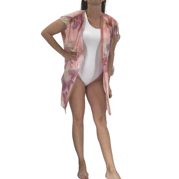 2/$30 FORTUNE Swimwear Cover Up One Size Addison Open Ruched Shoulder Kimono - Picture 1 of 7
